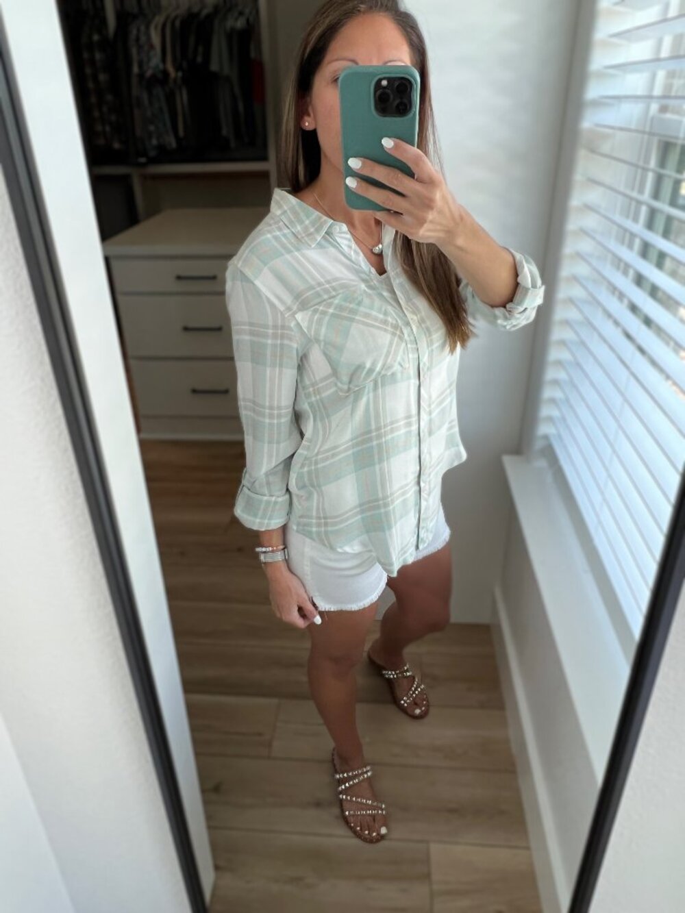 Lightweight Plaid Button-Up Top - Mint Green - Picture 14 of 15